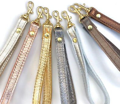 Leather wrist strap, key fob, leather key chain, metallic leather wrist strap