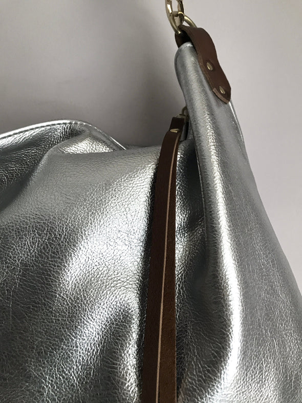 Large leather bag, Dumpling 2 silver  leather bag, silver leather messenger bag, silver metallic leather purse