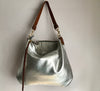 Large leather bag, Dumpling 2 silver  leather bag, silver leather messenger bag, silver metallic leather purse