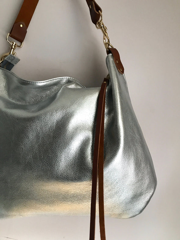 Large leather bag, Dumpling 2 silver  leather bag, silver leather messenger bag, silver metallic leather purse