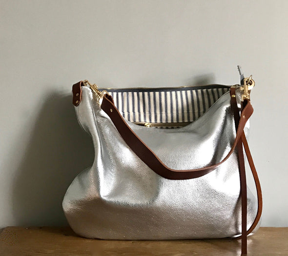 Large leather bag, Dumpling 2 silver  leather bag, silver leather messenger bag, silver metallic leather purse