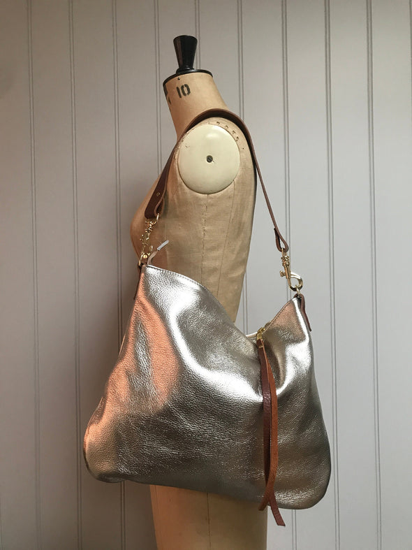 Leather Dumpling bag, soft gold leather handbag, champagne gold leather messenger bag, gold leather purse