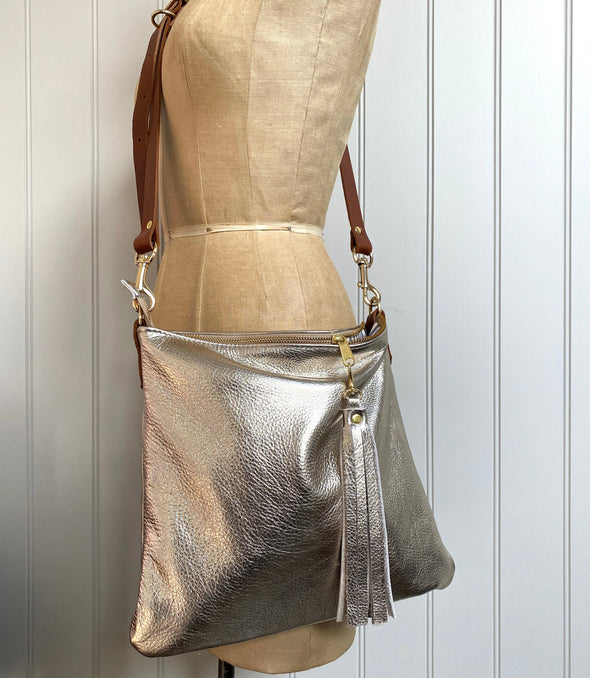 Gold leather bag, soft gold Miss Mason handbag, metallic evening purse, champagne gold leather crossbody bag, made by Ginger and Brown