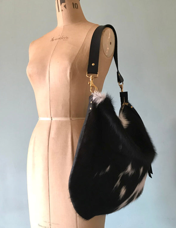 Leather and cowhide bag, large black crossbody Dumpling 2 bag, black leather purse, black shoulder bag, leather bag