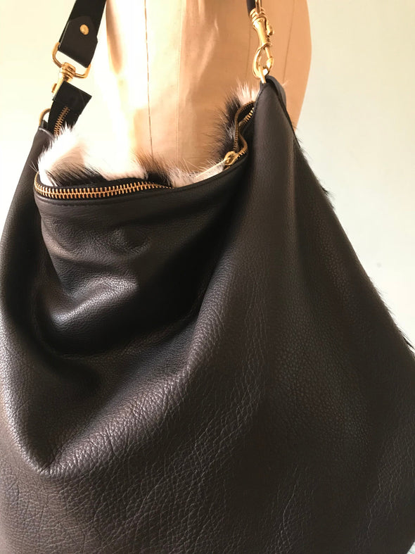 Leather and cowhide bag, large black crossbody Dumpling 2 bag, black leather purse, black shoulder bag, leather bag