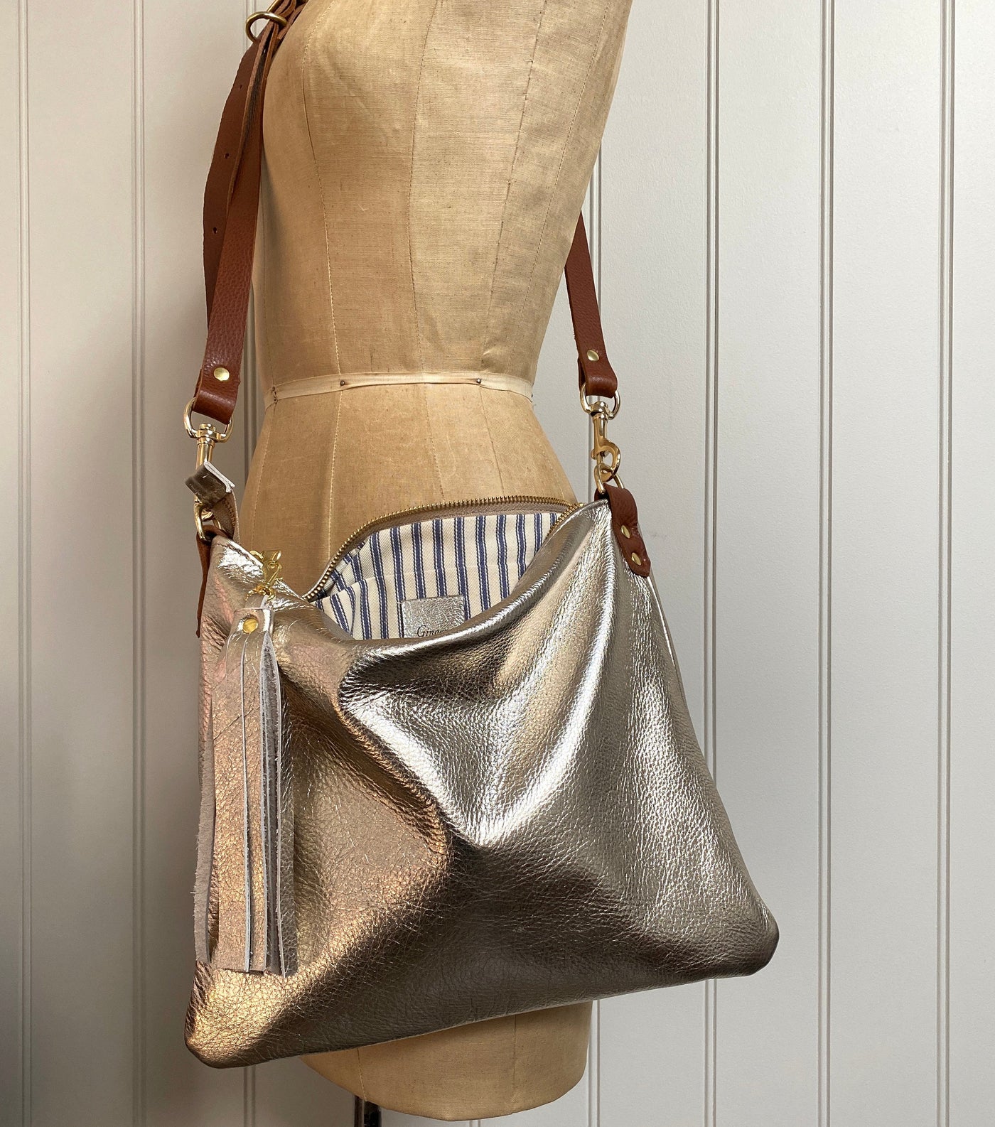 Metallic leather best sale shoulder bag