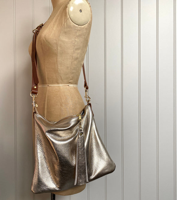 Gold leather bag, soft gold Miss Mason handbag, metallic evening purse, champagne gold leather crossbody bag, made by Ginger and Brown