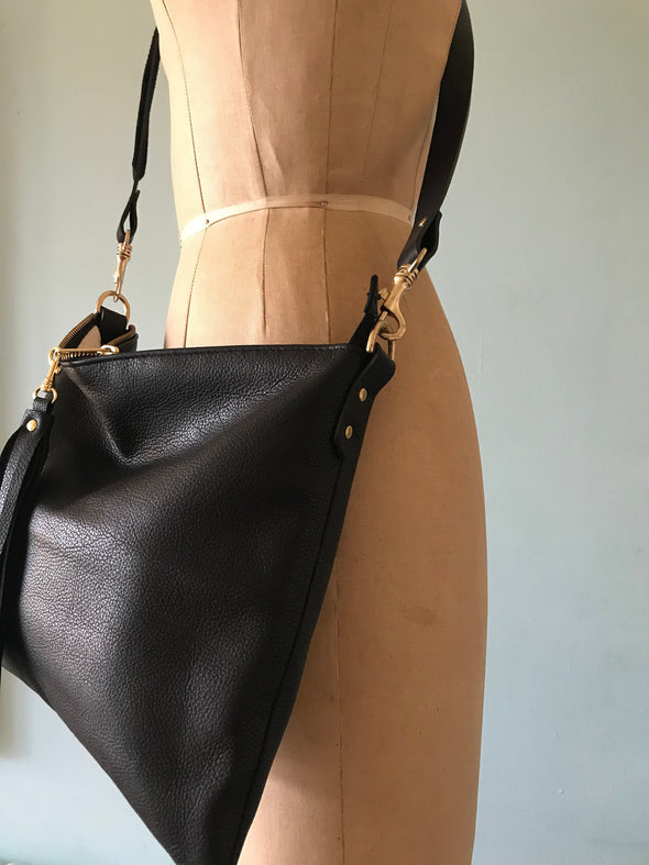 Black leather Miss Mason messenger bag, black leather crossbody handbag, black purse