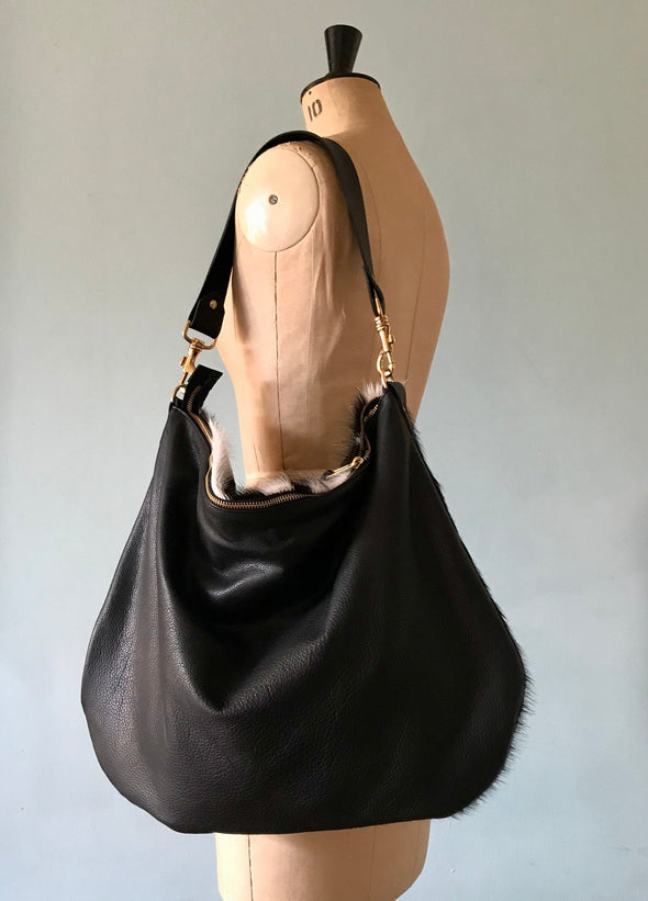 Leather and cowhide bag, large black crossbody Dumpling 2 bag, black leather purse, black shoulder bag, leather bag