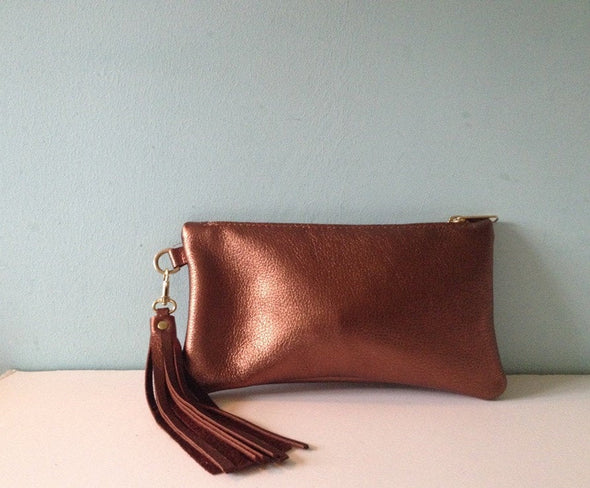 Bronze leather Thorpe clutch bag, metallic zipped purse, make up bag, pencil case