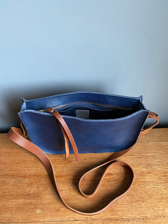 blue leather crossbody purse 